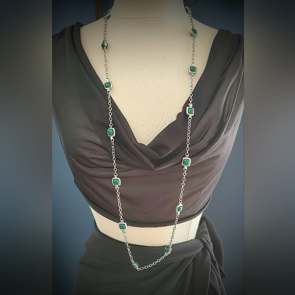 Talbot Long Necklace Silver Tone And Shamrock Green Square Faux Stones - Picture 2 of 12